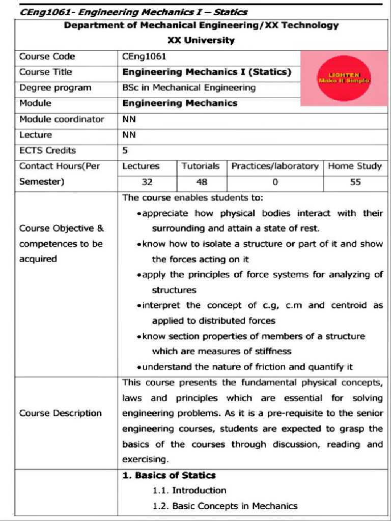 Mechanics Course Outline 1 | PDF