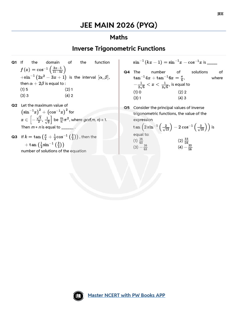 JEE Main 2026 Qs Inverse Trigonometric Functions | PDF | Trigonometric ...