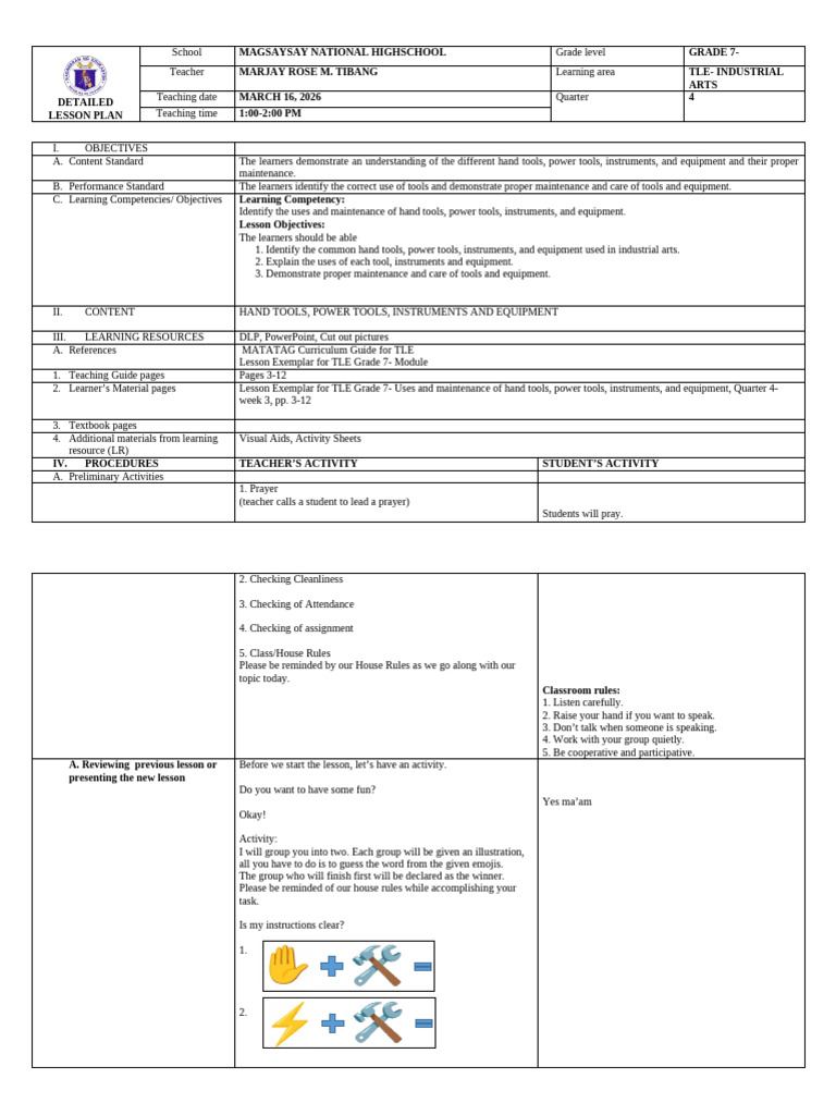 Detailed Lesson Plan - Finall - 082257 | PDF | Screw | Drill
