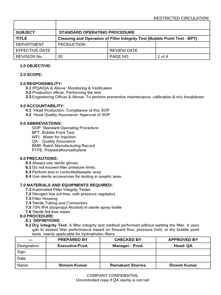 Filter Integrity Test Sop | PDF | Filtration