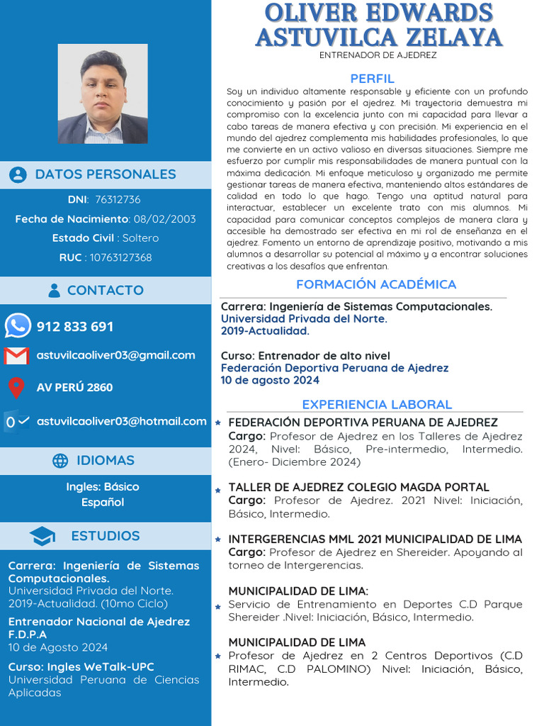 Cv Oliver Astuvilca Chess | PDF | Perú | Lima