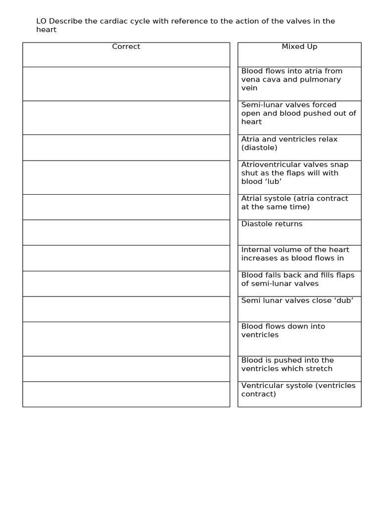 Cardiac Cycle Sort Out Activity HF | PDF | Heart Valve | Atrium (Heart)