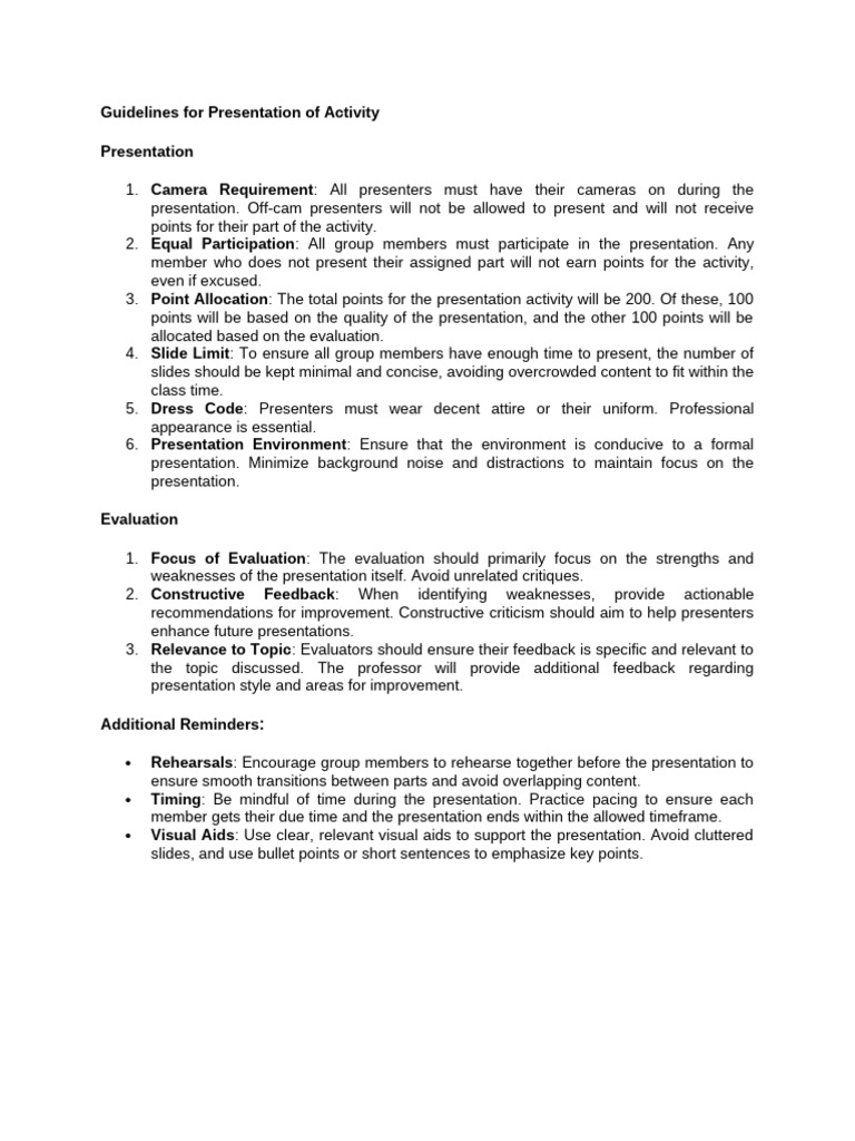 Guidelines for Presentation of Activity | PDF
