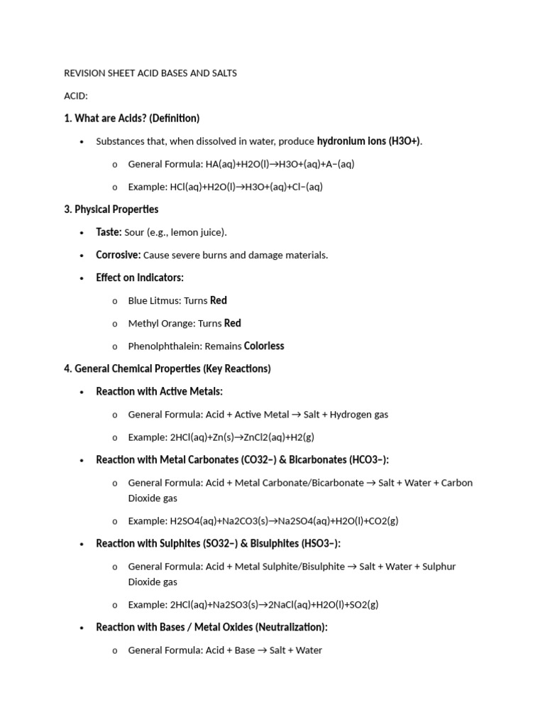 Revision Sheet Acid Bases and Salts | PDF | Hydroxide | Acid