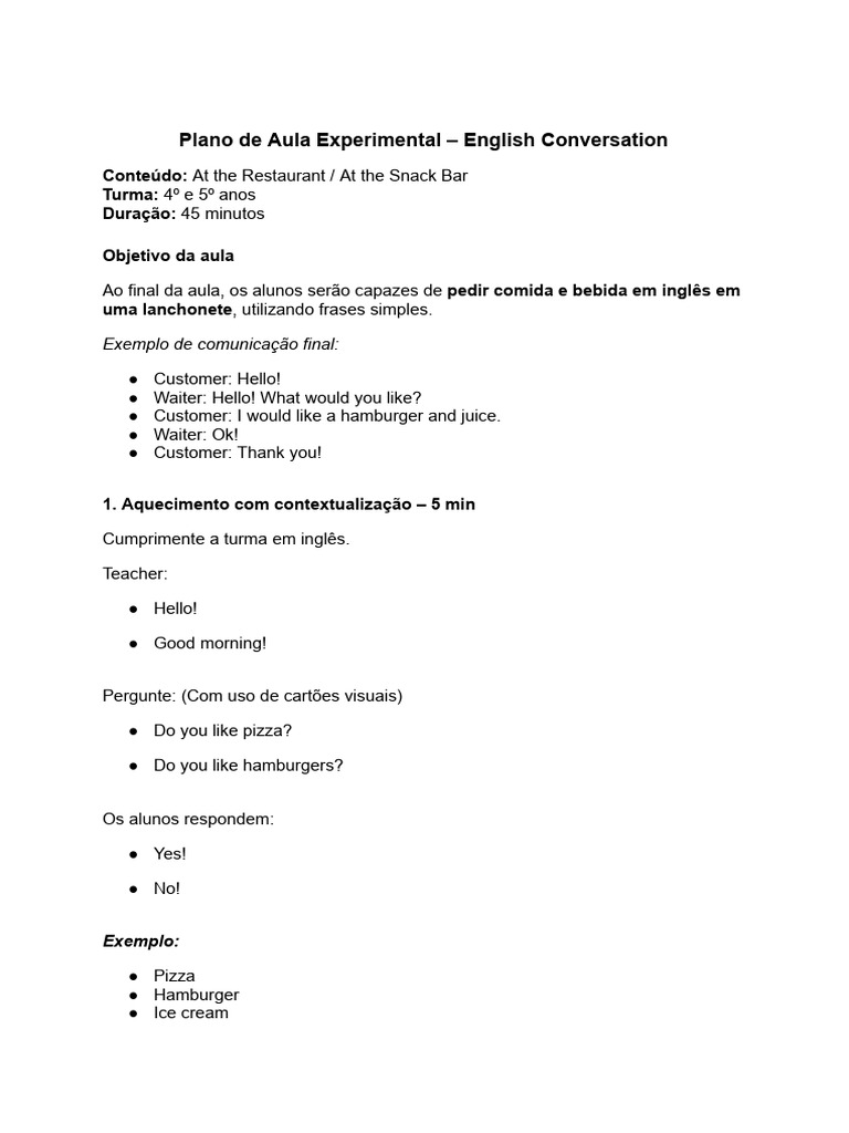 Plano de Aula Experimental - English Conversation-1 | PDF | Linguística