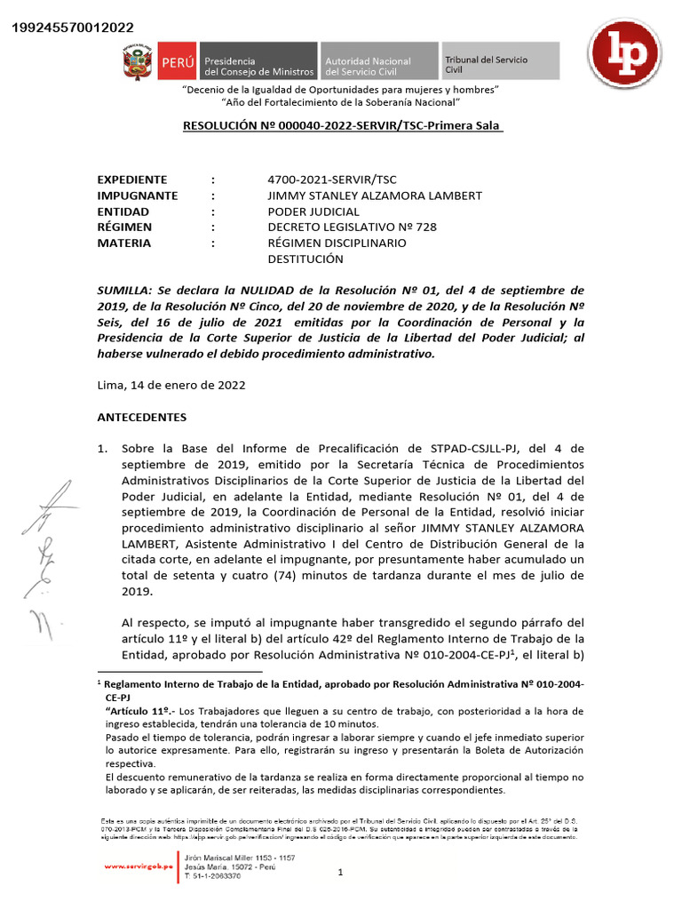 Resolucion 040 2022 Servir TSC Primera Sala LPDerecho | PDF | Debido al ...