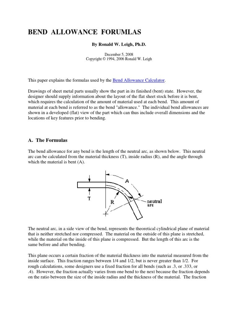 Bend Allowance Formulas PDF