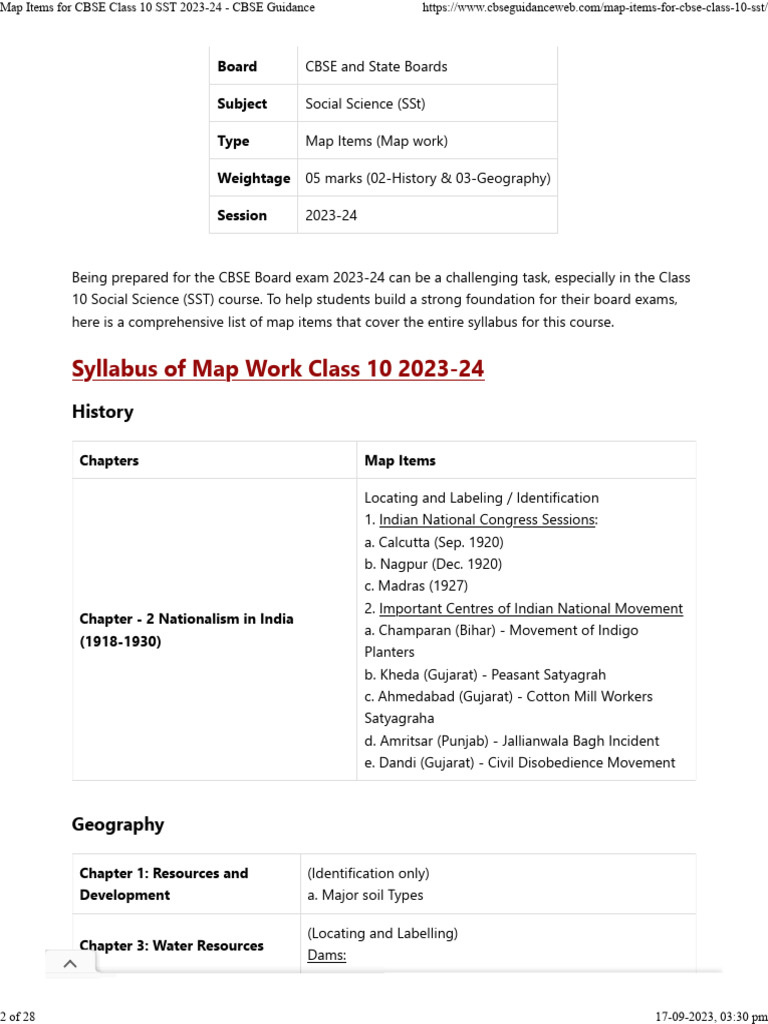Map Items For CBSE Class 10 SST 2025-26 - CBSE Guidance | PDF | Gujarat