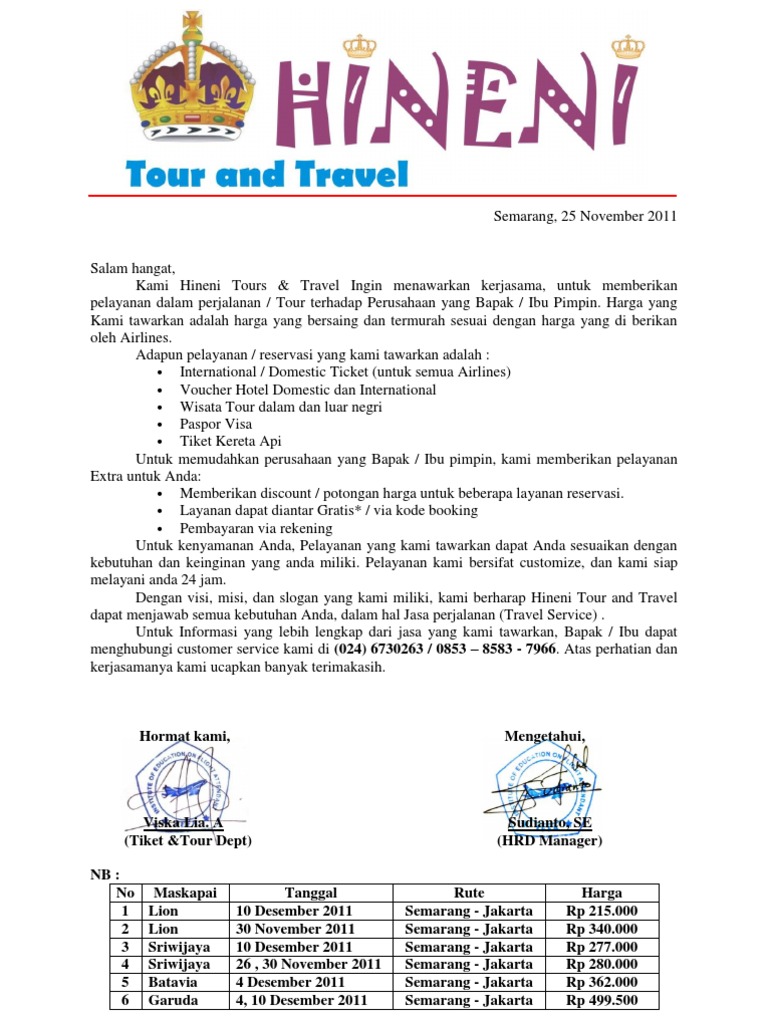 Surat Penawaran Kerjasama Hineni Tour And Travel