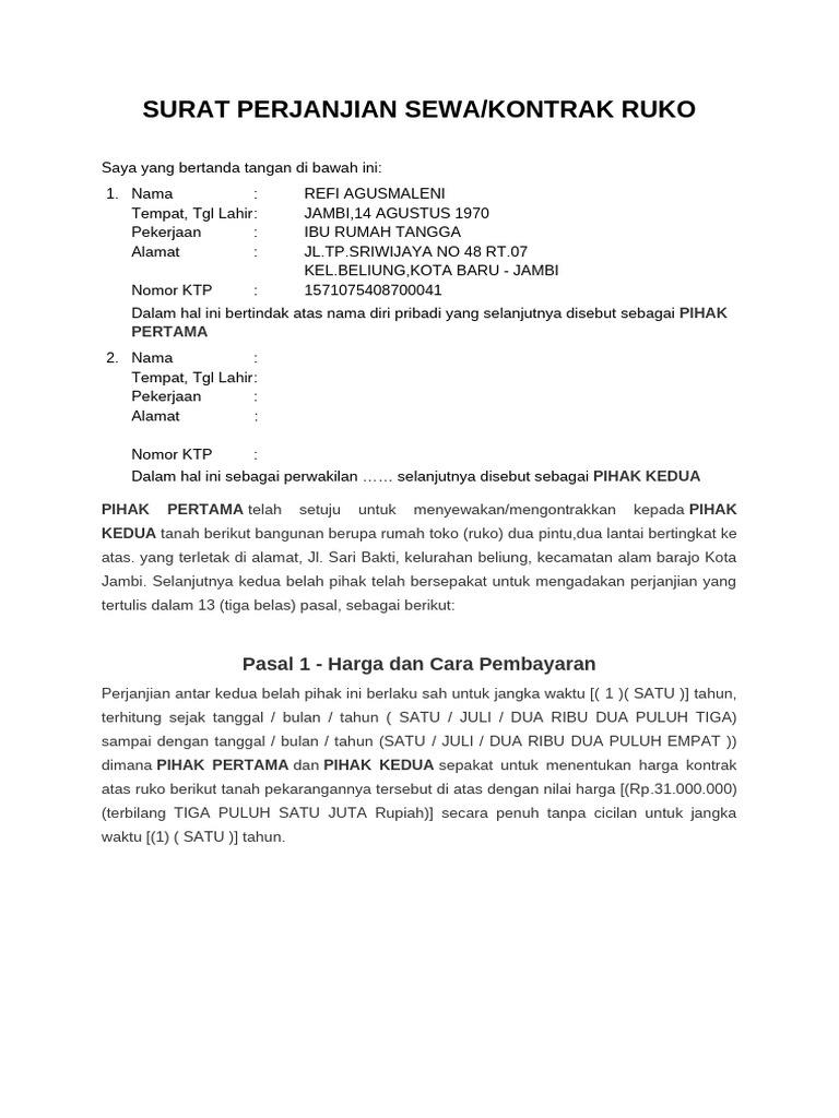 Surat Perjanjian Sewa Ruko Old 2023 | PDF