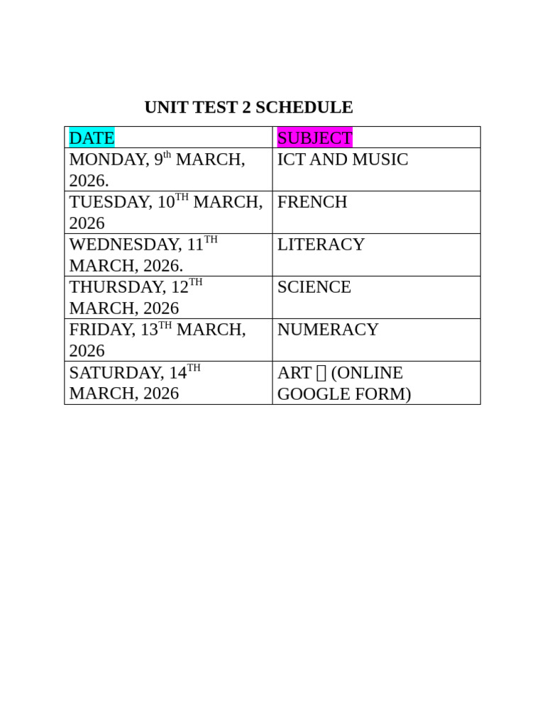 Term 2 Unit Test 2 Schedule | PDF