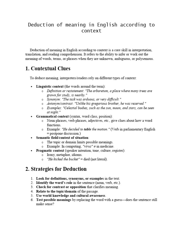 Deduction of Meaning in English According to Context | PDF