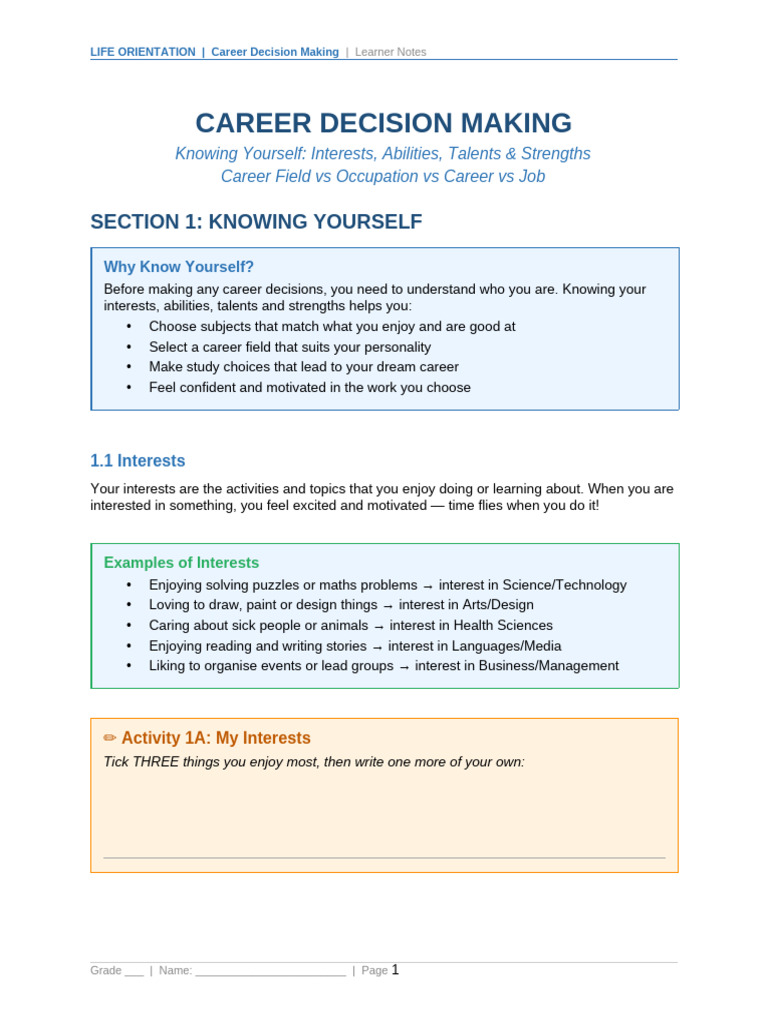 Learners Notes Career Decision Making | PDF | Learning | Mathematics