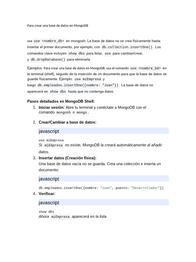 Para Crear Una Base de Datos en MongoDB | PDF | Mongo Db | Software de ...