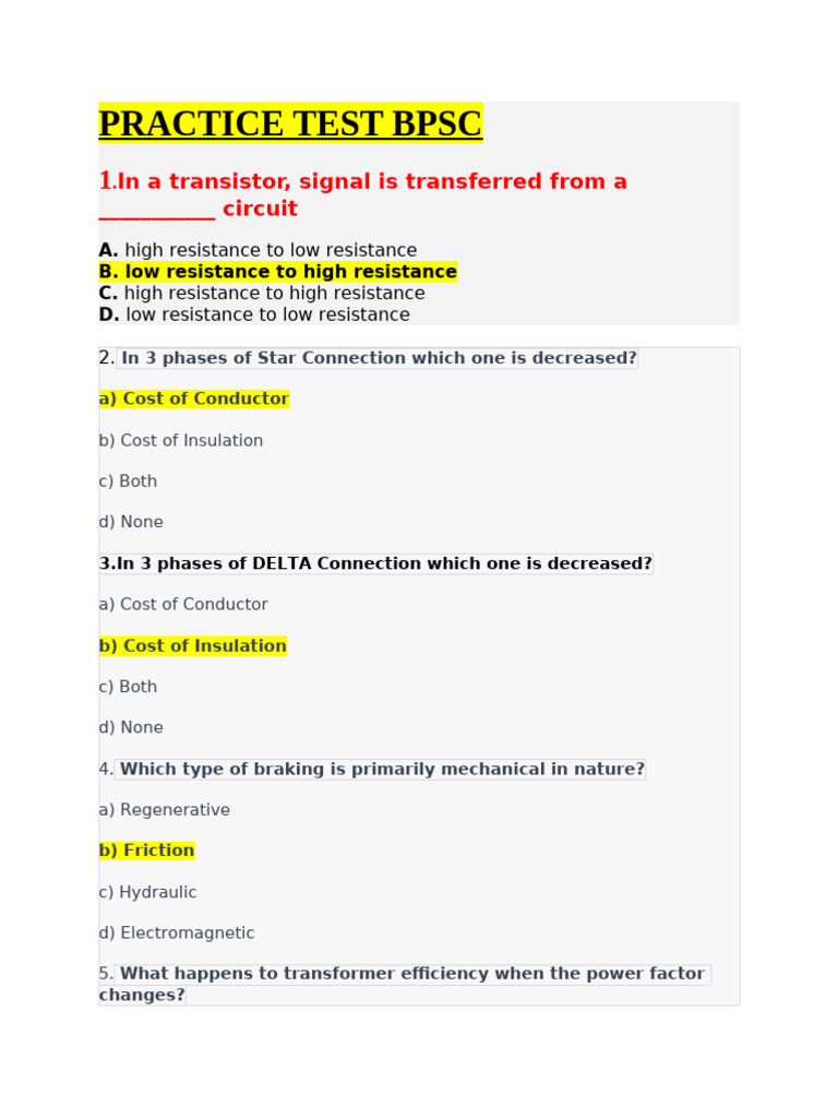 Practice Test BPSC | PDF | Transformer | Electric Power Transmission