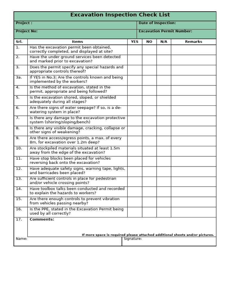 For-002 - Excavation Inspection Checklist Rev 001 | PDF