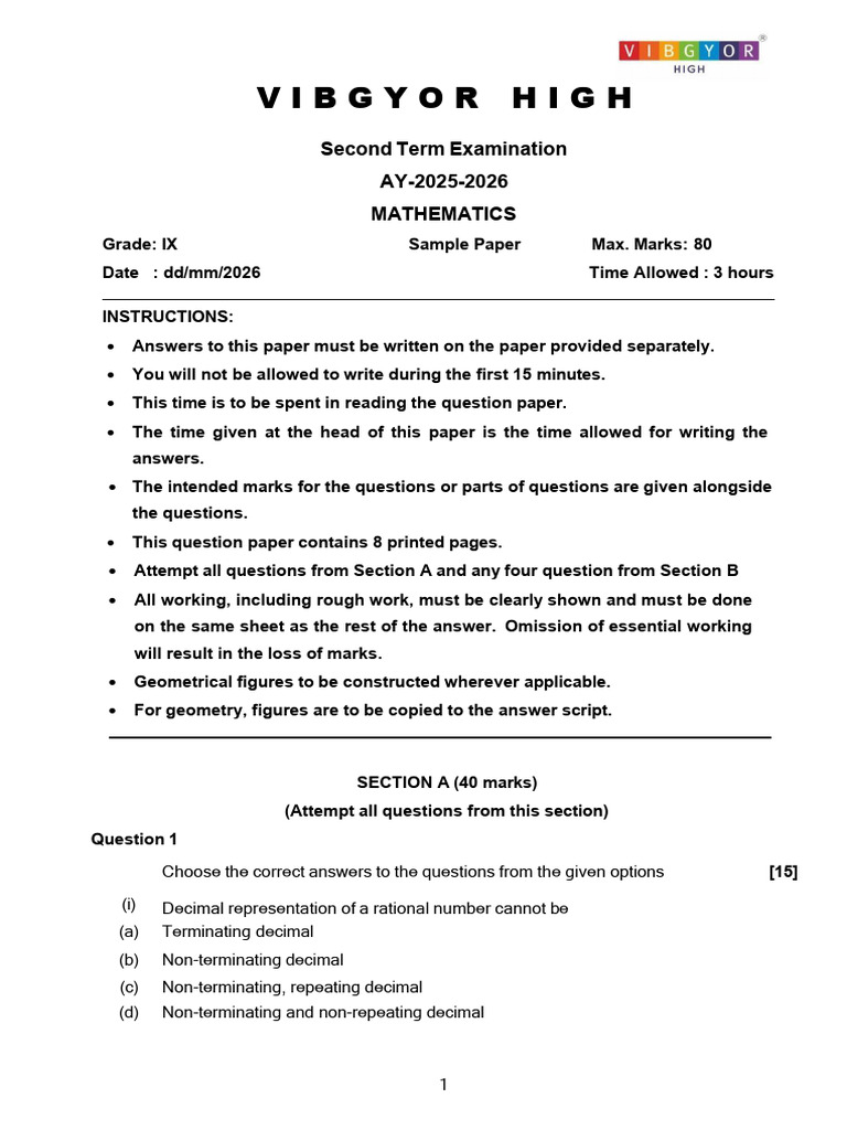 SAMPLE PAPER CISCE GR9 Mathematics Q 260203 202604 | PDF | Mathematics