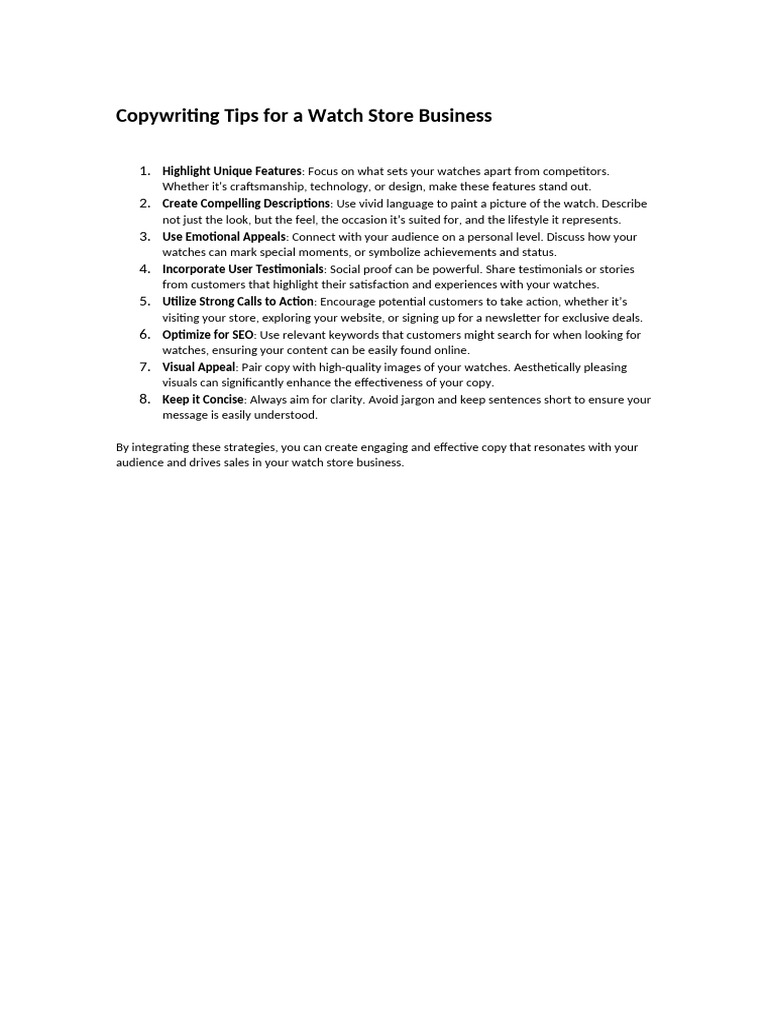Copywriting Tips for a Watch Store Business | PDF