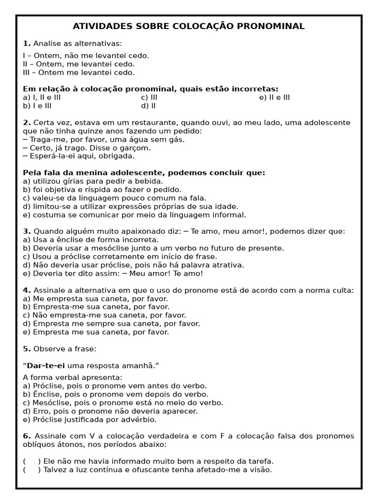 Atividades Sobre Colocação Pronominal | PDF | Linguística