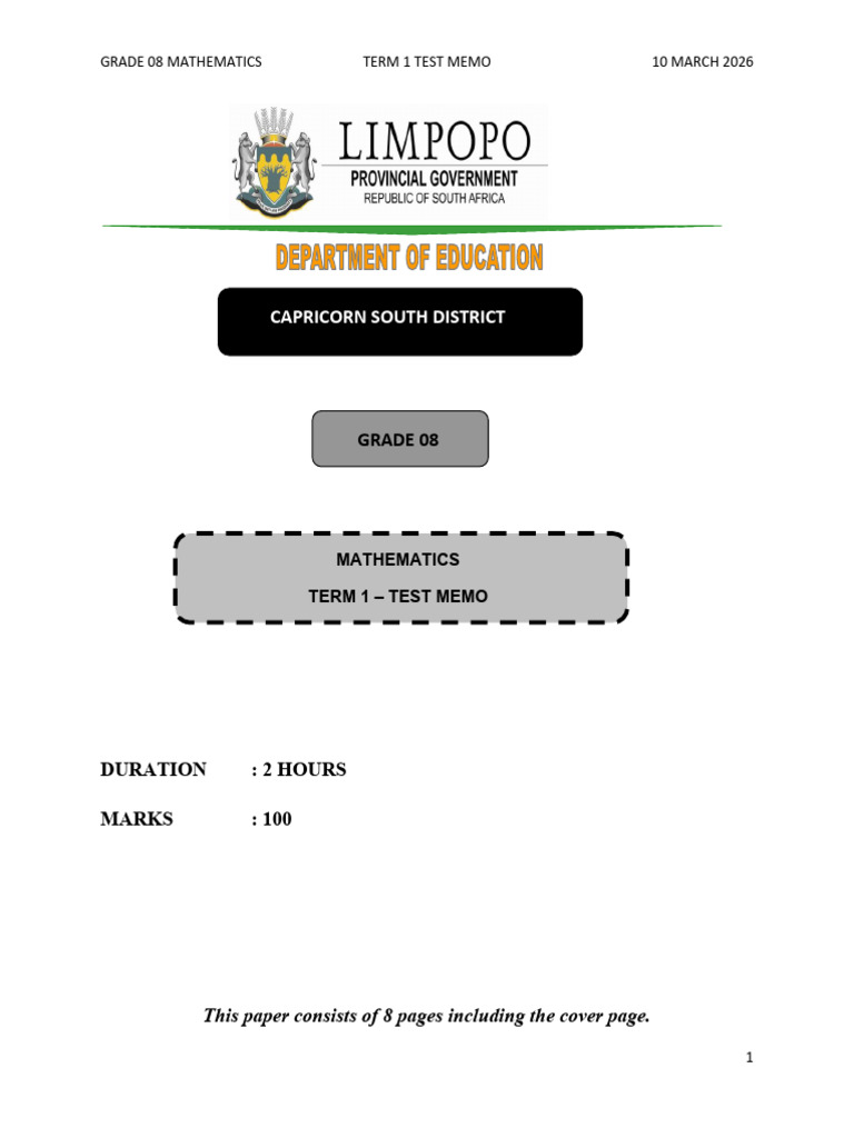 Grade 08 Mathematics Term 1 Test Memo 2026 | PDF | Integer | Arithmetic