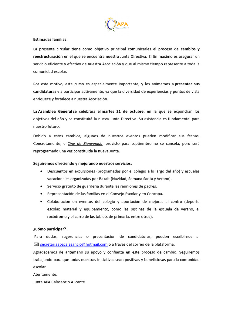 Circular Informativa Apa | PDF