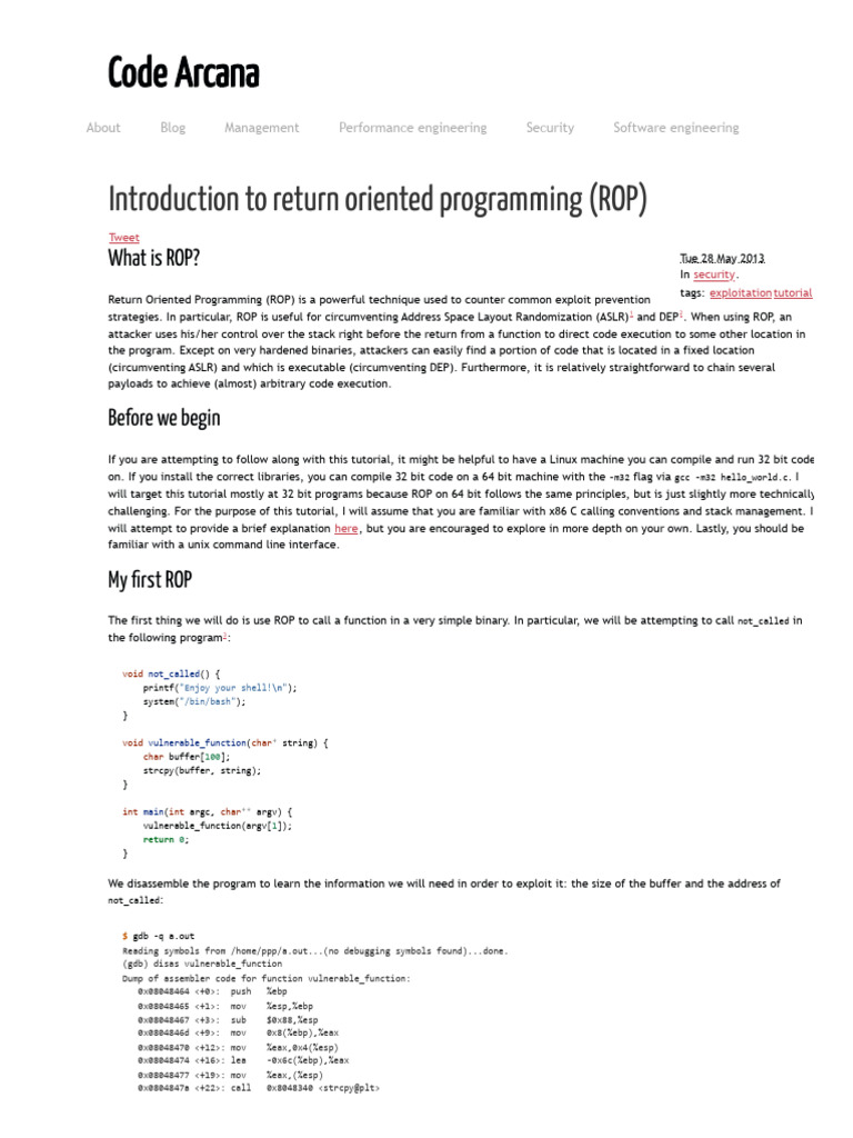Introduction To Return Oriented Programming (ROP) | PDF | Computing ...