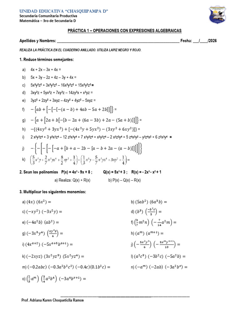 1er Trim - Práctica 1 - Operaciones Con Expresiones Algebraicas | PDF