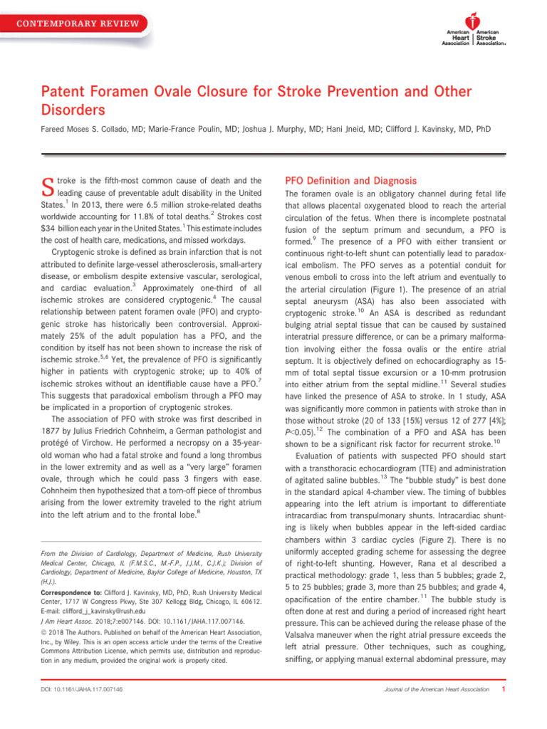 Patent Foramen Ovale Closure For Stroke Prevention | PDF | Cardiology ...