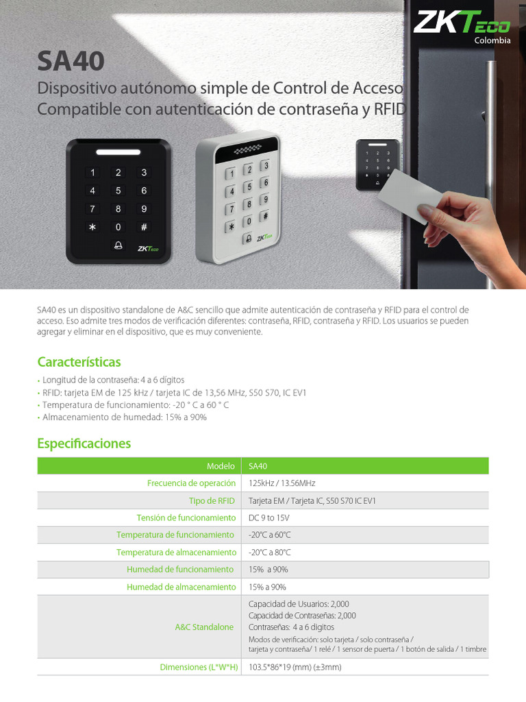 SA40 Control de Acceso Zkteco Colombia Ficha Tecnica | PDF ...