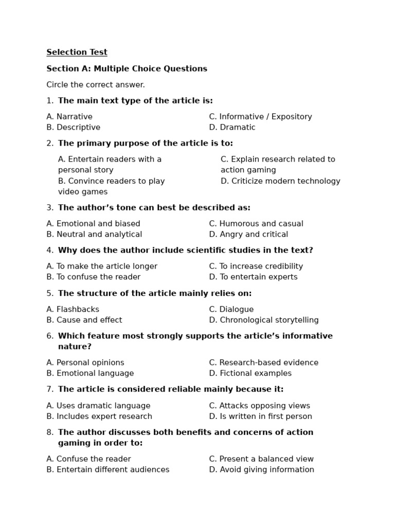Selection Test | PDF | Cognition