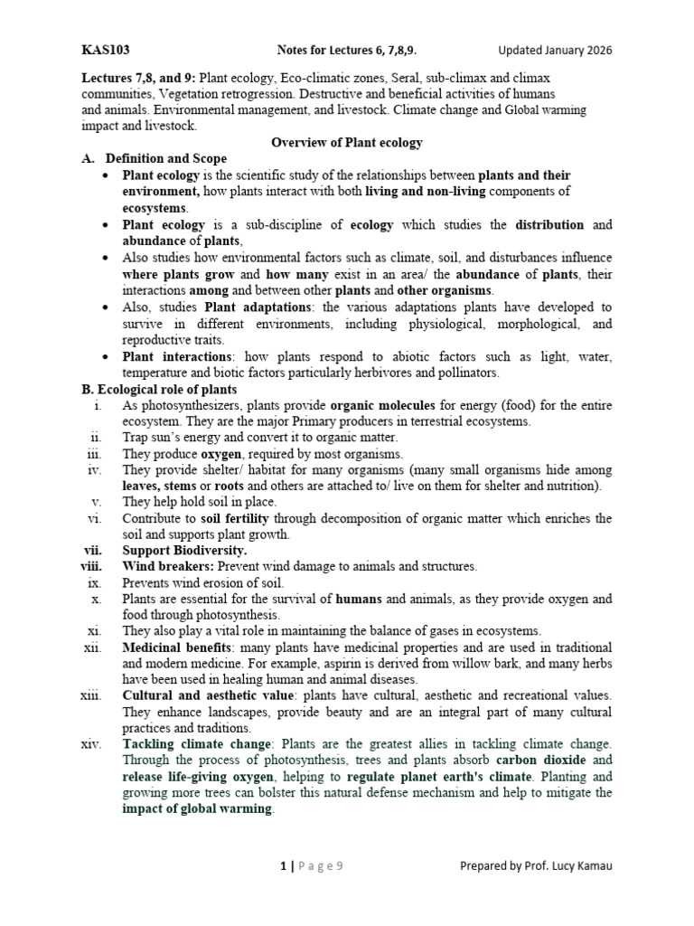 Plant Ecology and Concepts-Edited Jan 2026 - Handout Notes | PDF ...