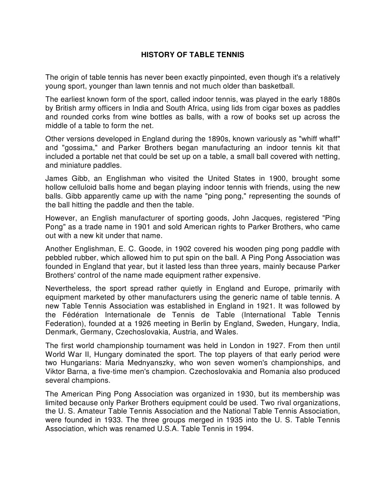 History of Table Tennis PDF Table Tennis Sports