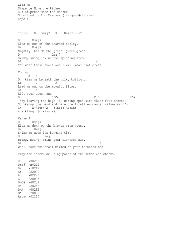 Sixpence None The Richer Kiss Me Chords Songs