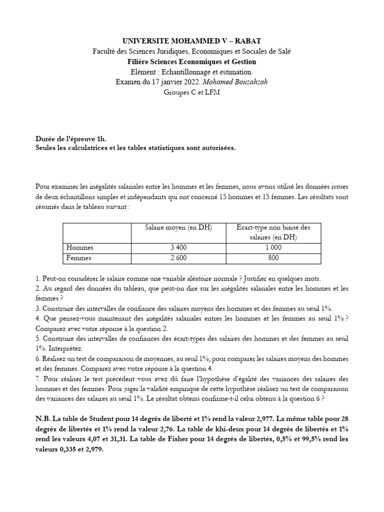 Exam SM S1 2021-2022 | PDF | Variance (mathématiques) | Intervalle de ...