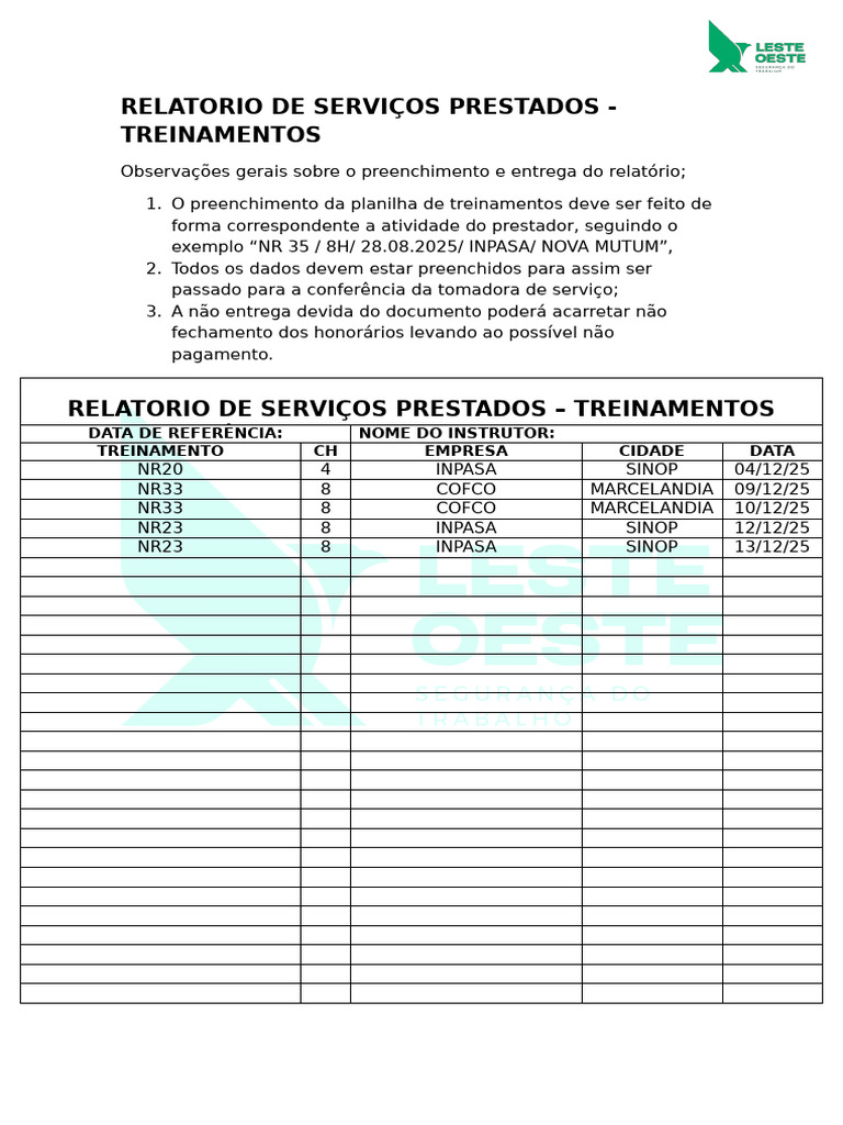 Relatorio de Prestação de Serviços Treinamento - Instrutores | PDF