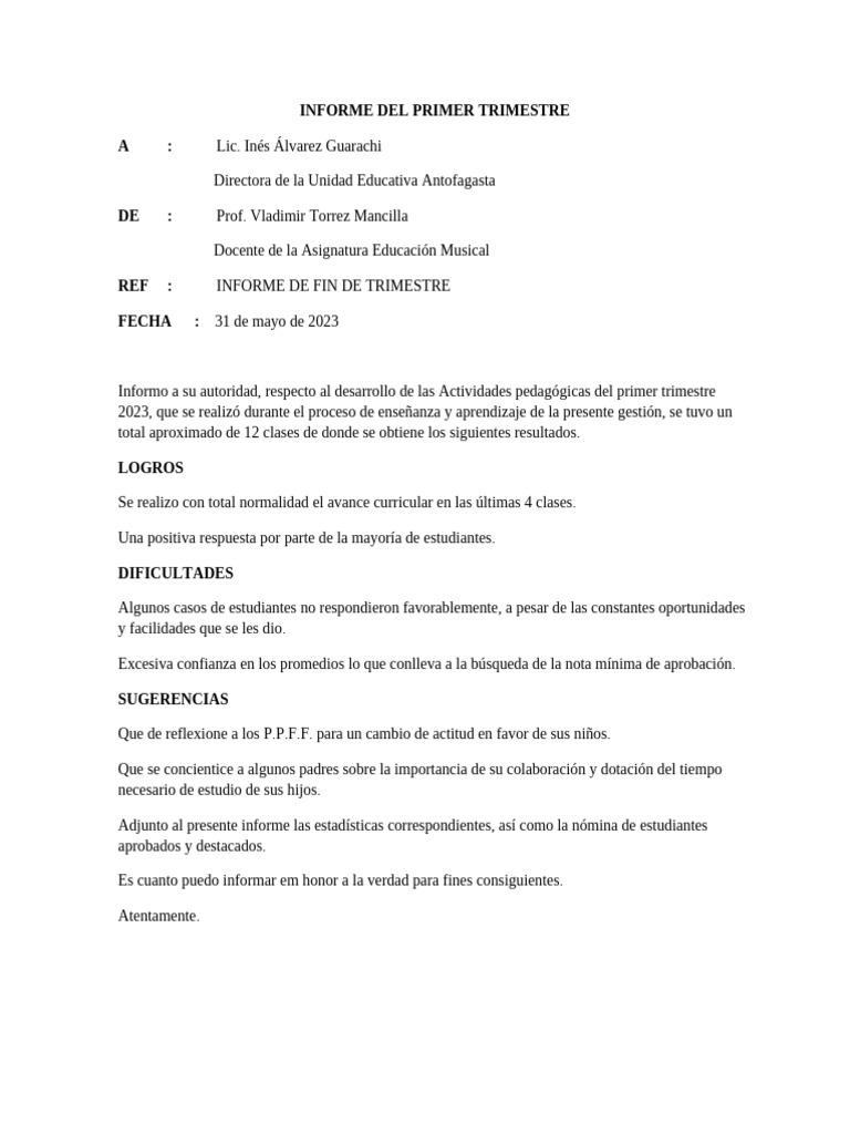 Informe Del Primer Trimestre Off | PDF | Enseñando | Modificación de ...