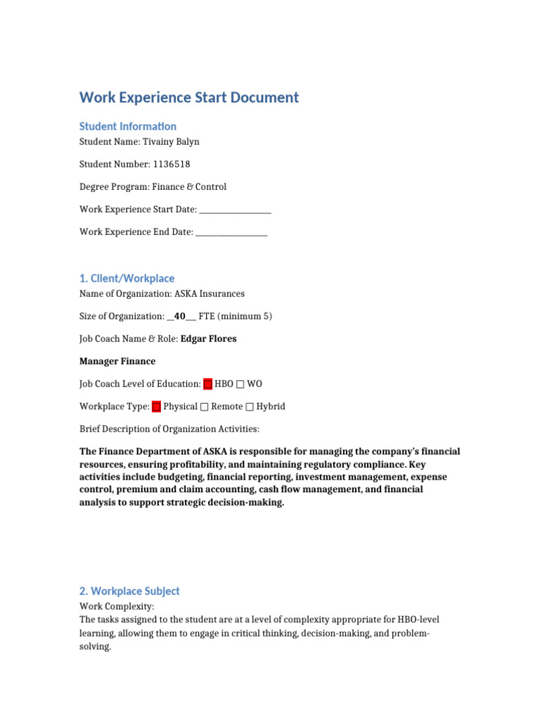 Work Experience Start Document | PDF | Internal Control | Regulatory ...