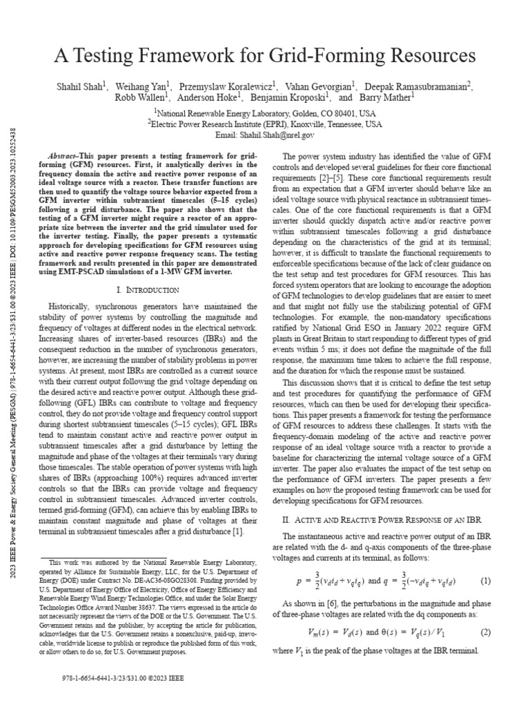A Testing Framework For Grid-Forming Resources | PDF