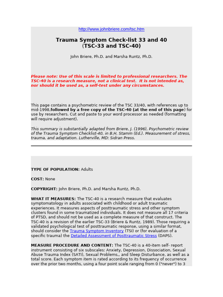 EN - TSC-40 - Trauma Symptom Checklist 40 (Briere 1996) | PDF ...