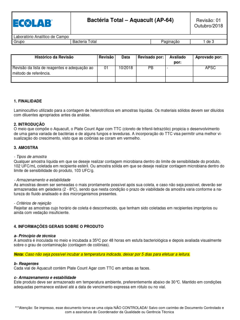 Bacteria Total - Aquacult - AP-64 Rev 01 | PDF | Bactérias | Microrganismo