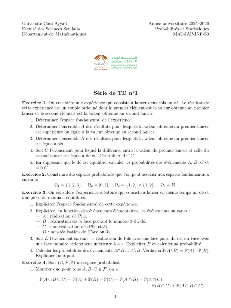 Proba - Stat - Série de TD N°1 | PDF | Théorie des probabilités ...