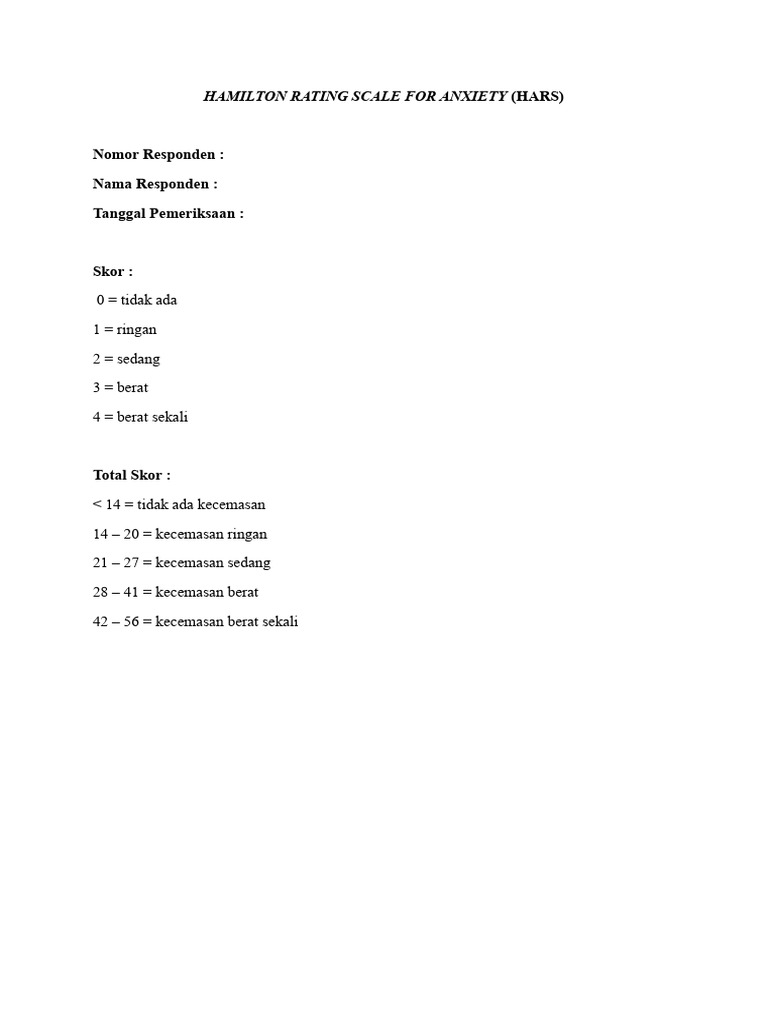 Hars (Hamilton Rating Scale For Anxiety) | PDF