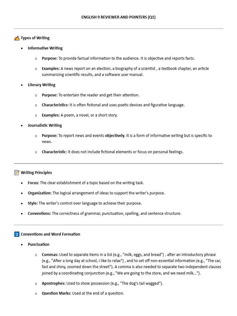 English 9 Reviewer and Pointers | PDF | Comma | Word