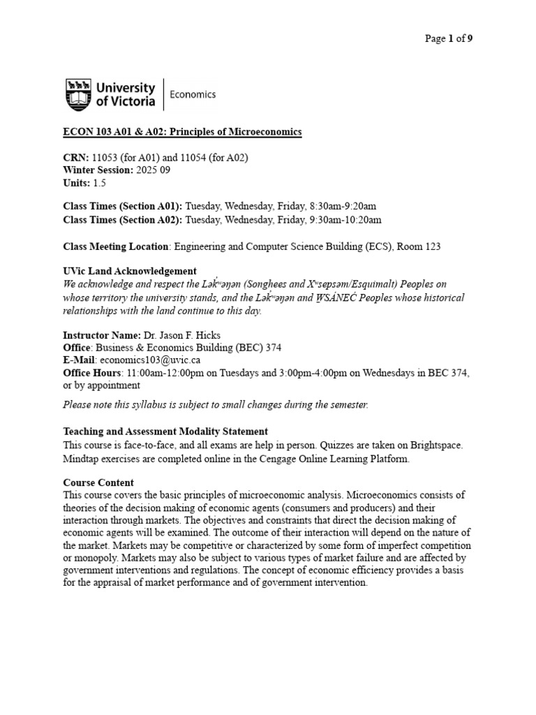 Fall 2025 ECON 103 A01 & A02 Course Outline | PDF | Supply And Demand ...