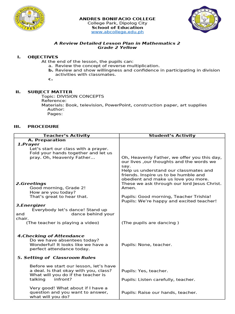 Detailed Lesson Plan in English | PDF | Division (Mathematics) | Teachers