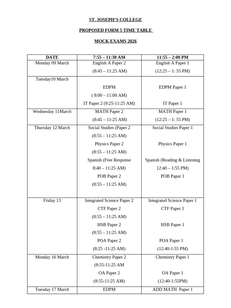 Form 5 Mock Exam Time Table 2026 | PDF