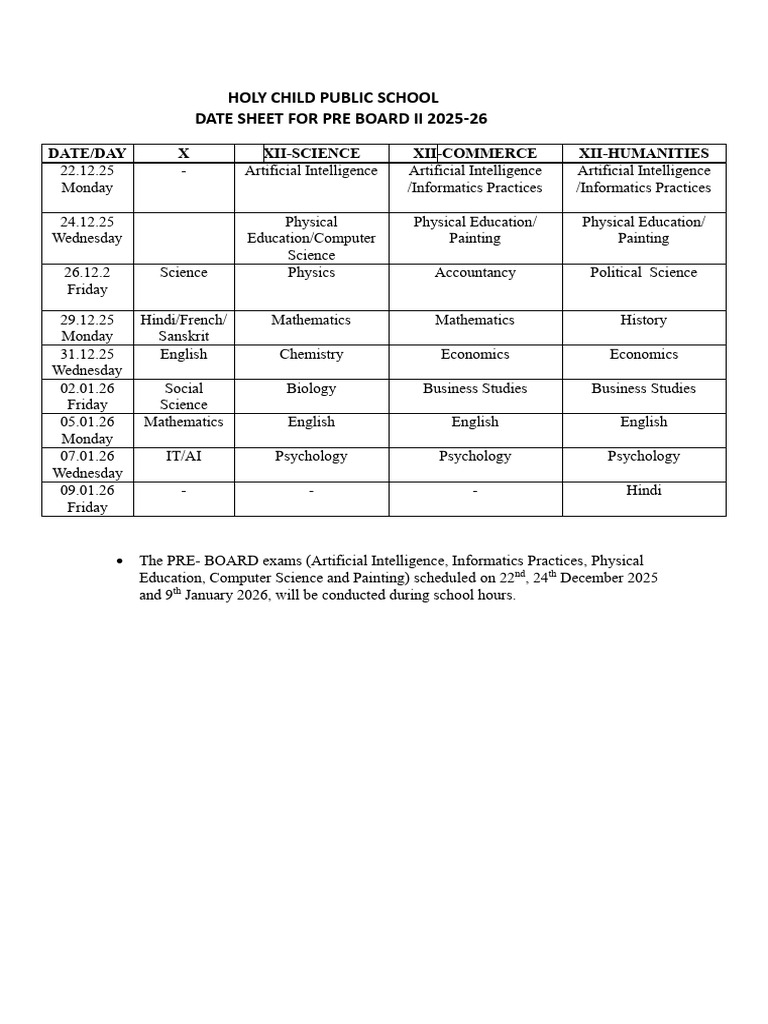 Date Sheet For Pre Board II 2025-26 | PDF