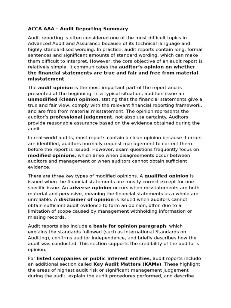 ACCA AAA - Audit Reporting Summary | PDF | Auditor's Report | Audit