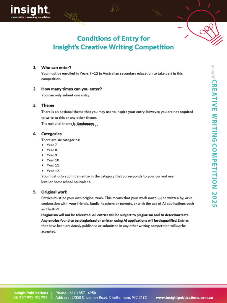 Conditions of Entry For Insights Creative Writing Competition - 2025 | PDF