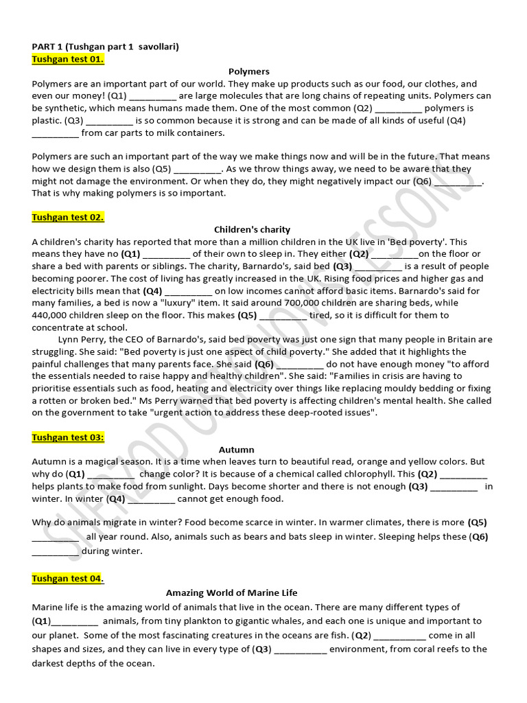 Multilevel Tushgan Savollar Reading - Part 1, 2, 3, 4 | PDF | Cost Of ...